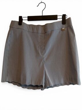 Anne Klein Blue and White Pinstriped Scallop-Hem Shorts